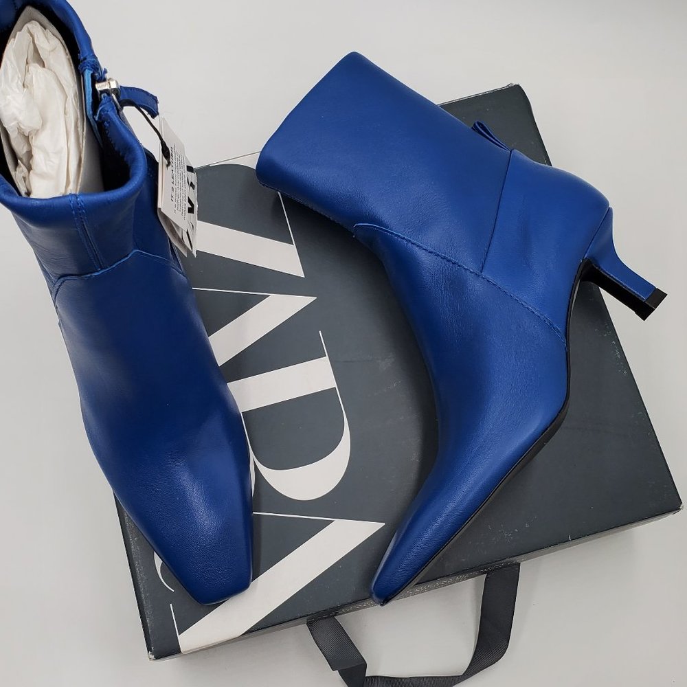Zara Electric Blue Leather Kitten Heel Booties - NWT - Picture 13 of 16